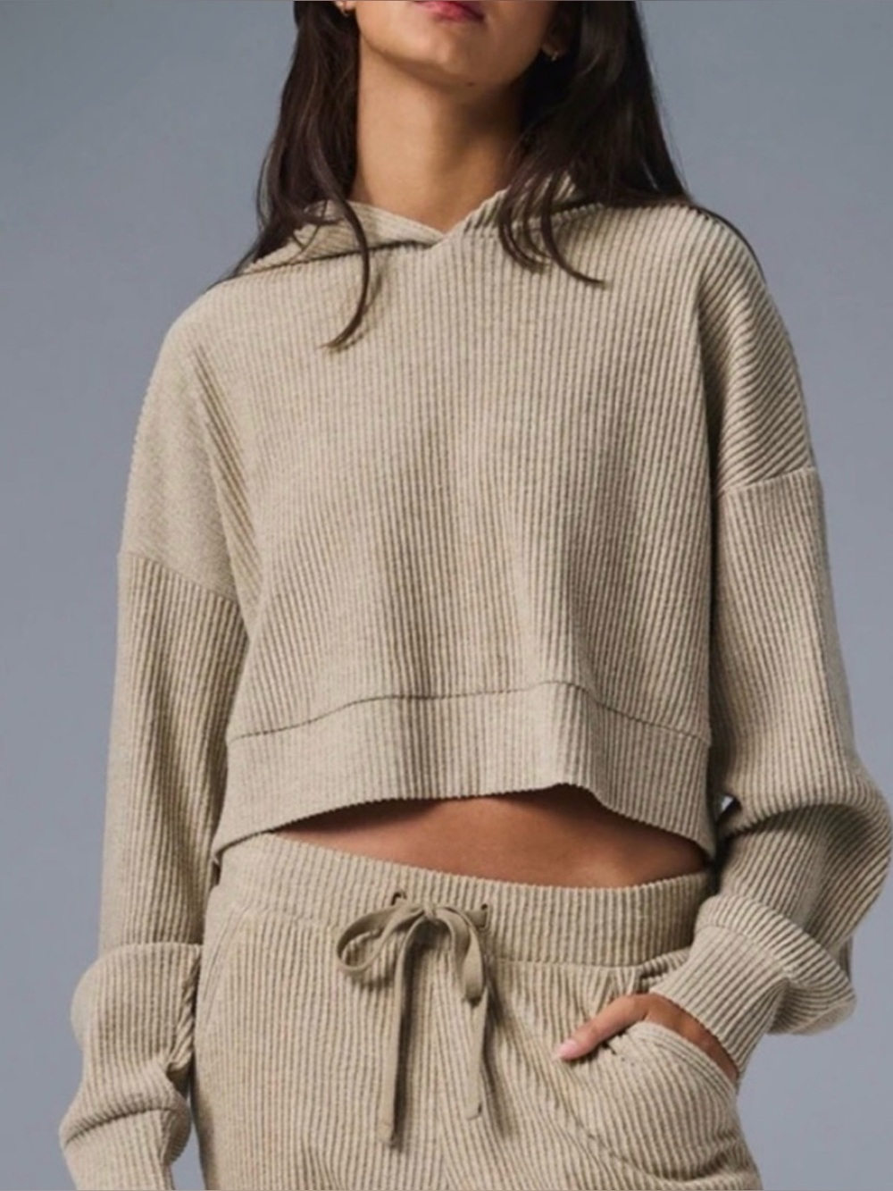 Alo Yoga Muse Ribbed Cropped Hoodie Small Gravel